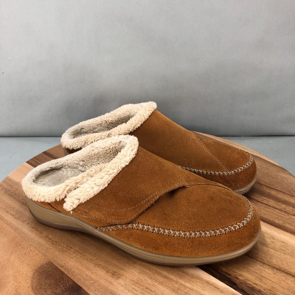 OrthoFeet Diabetic Slippers Adjustable Cozy Sherpa Lined Mules Womens 10 B Brown - Picture 1 of 7